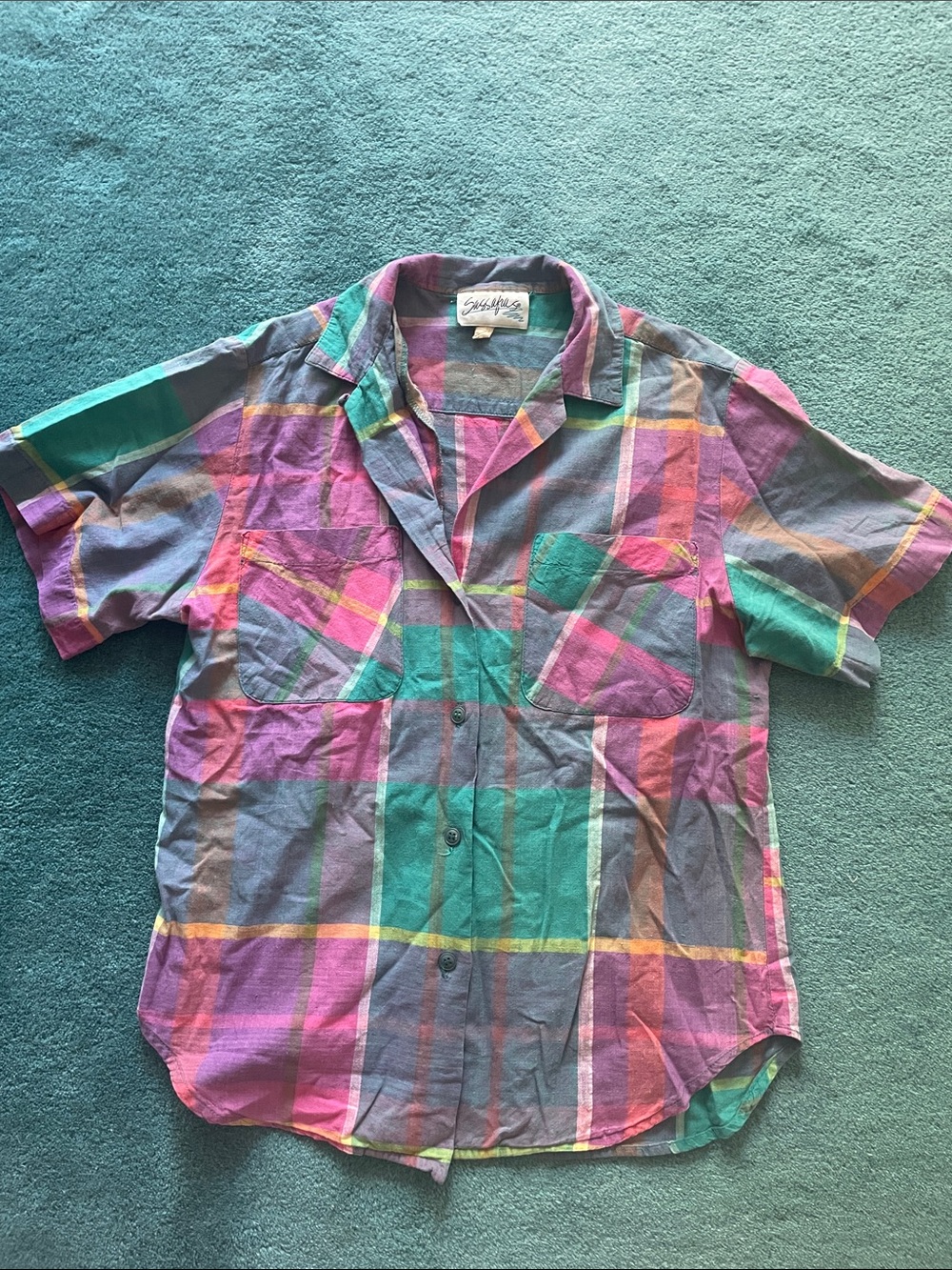 Saturdays New York City Teal Purple Pink Plaid Short Sleeve Shirt
